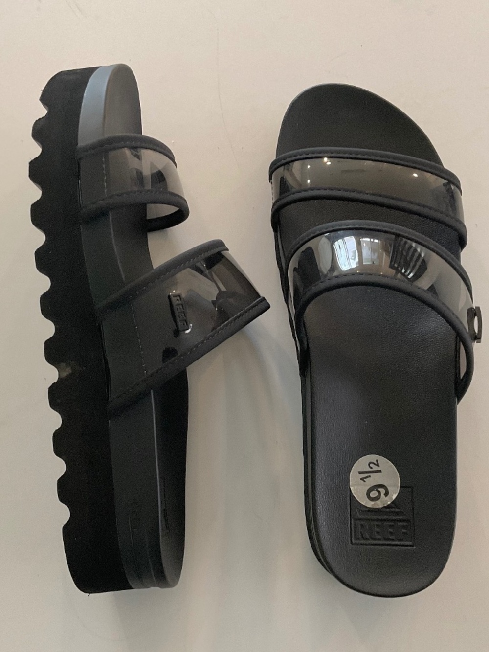 REEF Vista Hi Energy Slide Sandal Transparent Lucite Straps  Sz 9.5 LIKE NEW